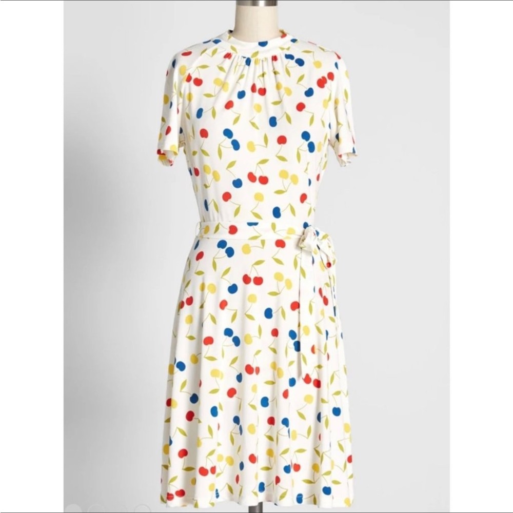 Modcloth White Cherry Print Fit-and-Flare Dress with Blue and Red Accents